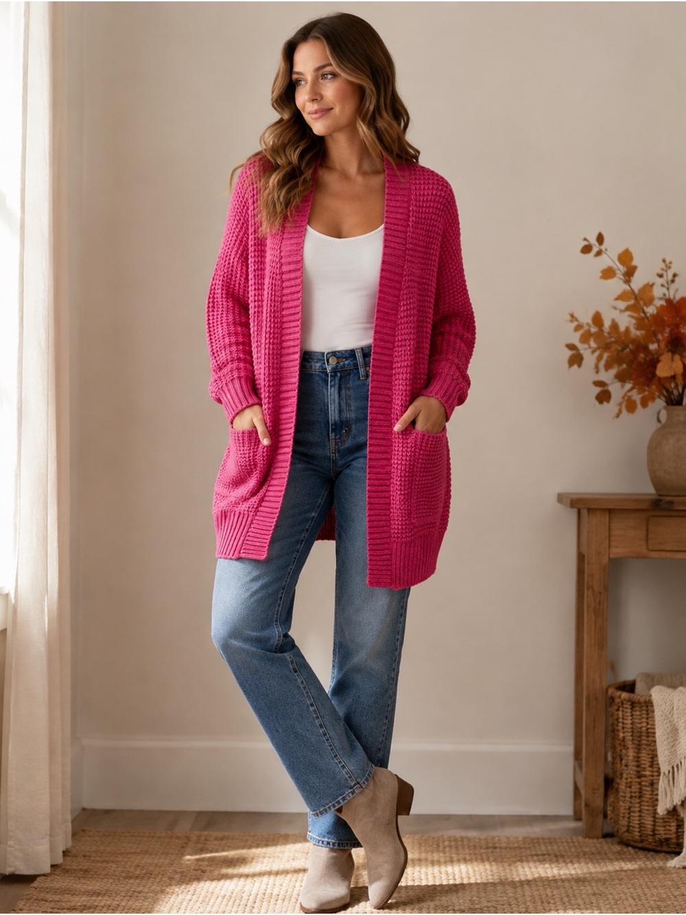 American Eagle Outfitters Hot Pink Chunky Open-Front Cardigan